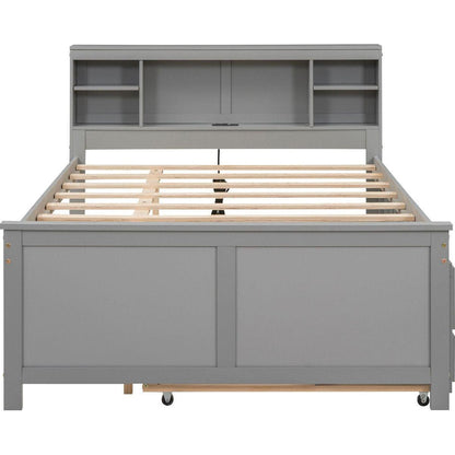 Full Size Platform Bed with Storage Headboard, USB, Twin Size Trundle and 3 Drawers, Gray