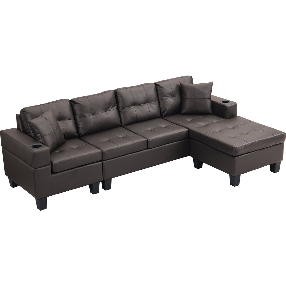 Sectional Sofa Set for Living Room with L Shape Chaise Lounge, cup holder and Left or Right Hand Chaise Modern 4 Seat (Chocolate brown)