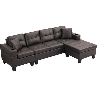 Sectional Sofa Set for Living Room with L Shape Chaise Lounge, cup holder and Left or Right Hand Chaise Modern 4 Seat (Chocolate brown)
