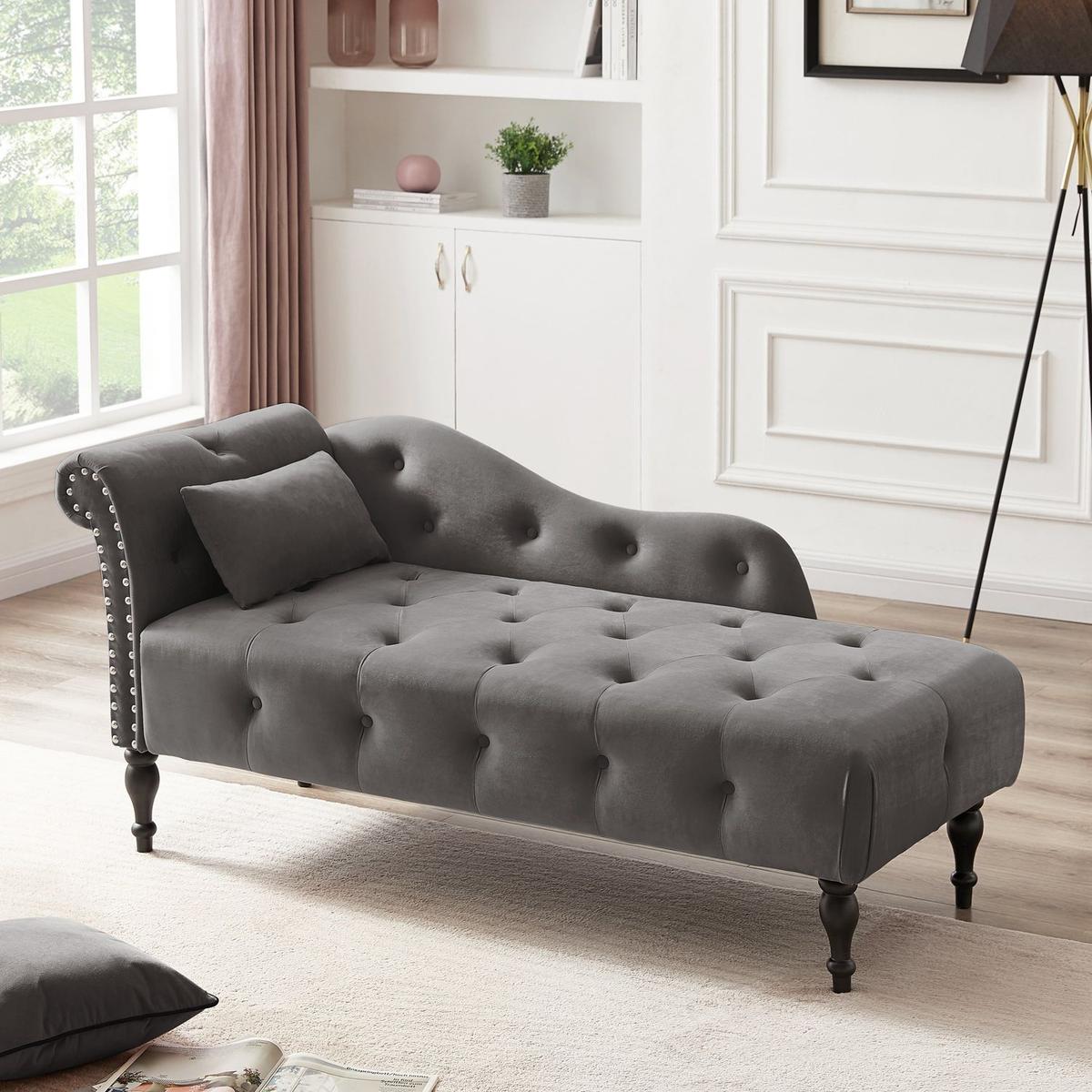 60.6" Velvet Chaise Lounge Buttons Tufted Nailhead Trimmed Solid Wood Legs with 1 Pillow,Grey (Left Arm Design as Shown in the Picture) - Streamdale Furniture