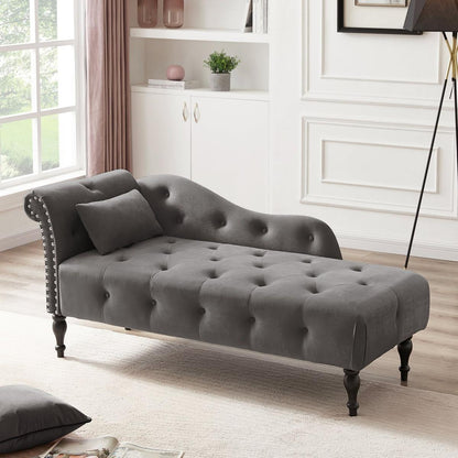 60.6" Velvet Chaise Lounge Buttons Tufted Nailhead Trimmed Solid Wood Legs with 1 Pillow,Grey (Left Arm Design as Shown in the Picture) - Streamdale Furniture