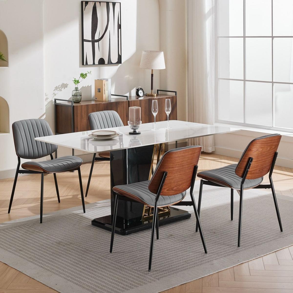 Dining Chairs Set of 2 Mid Century Modern Retro Faux Leather Chair with Walnut Bentwood Back Upholstered Seat Metal Legs Adjustable Foot for Kitchen Dining Room Chairs(Gray PU)