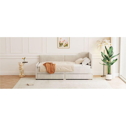 Twin Size L-Shaped Corduroy Daybed,Upholstered Bed Frame with 2 Storage Drawers, Beige