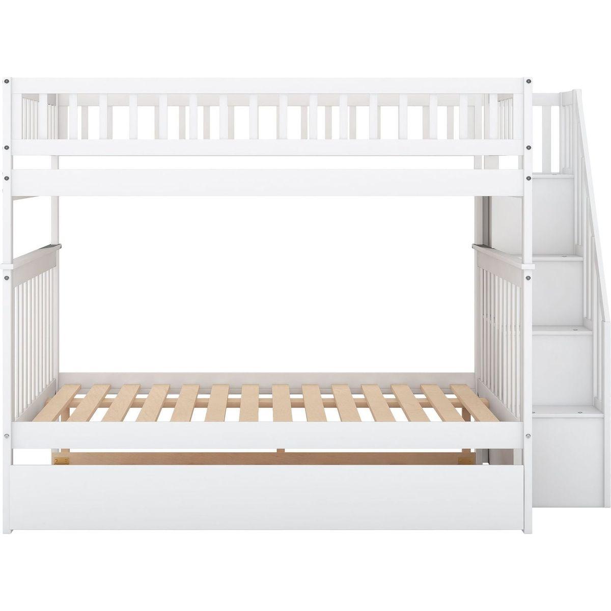 Full over Full Bunk Bed with Trundle and Staircase,White