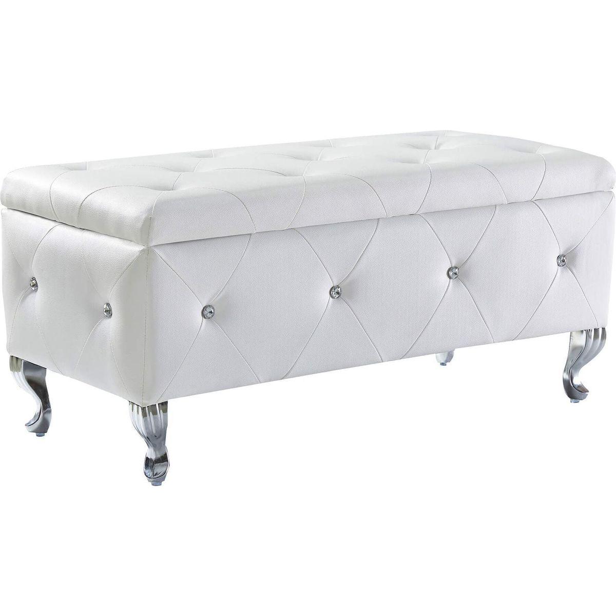 Upholstered Storage Ottoman Bench For Bedroom End Of Bed Faux Leather Rectangular Storage Benches Footrest With Crystal Buttons For Living Room Entryway (White)
