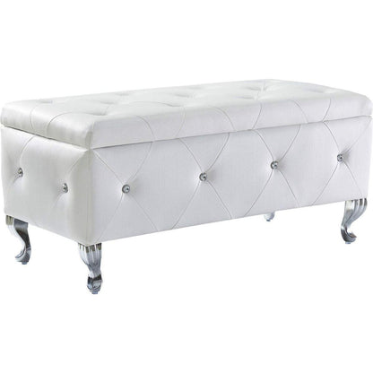 Upholstered Storage Ottoman Bench For Bedroom End Of Bed Faux Leather Rectangular Storage Benches Footrest With Crystal Buttons For Living Room Entryway (White)