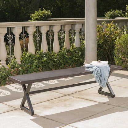 Outdoor Aluminum Dining Bench with Steel Frame, Brown / Black