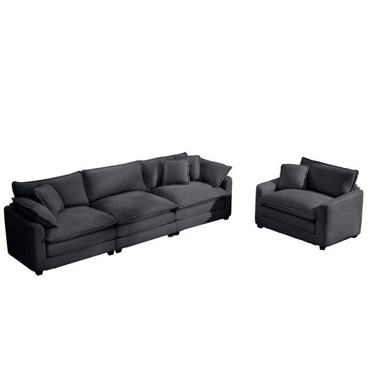 Mid-Century Modern Sectional Set of Two, 3-Seater & Single-Seater, Grey Corduroy, with Pillows