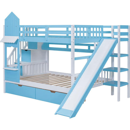 Full-Over-Full Castle Style Bunk Bed with 2 Drawers 3 Shelves and Slide - Blue