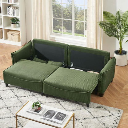 green corduroy fabric, sofa can be converted into a sofa bed with two throw pillows, suitable for living room and other scenes