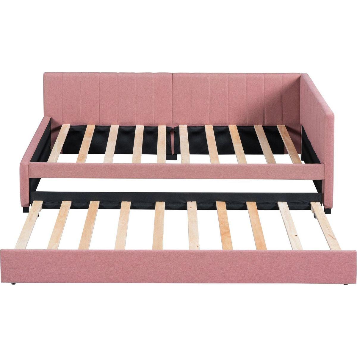 Upholstered Daybed with Trundle Twin Size Sofa Bed Frame No Box Spring Needed, Linen Fabric(Pink)
