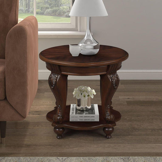 22" Retro Round End Table,Solid Wood Sofa Side Table with Shelf,Living Room Corner Table Easy Assemble,Cherry (color written on box is Light Espresso