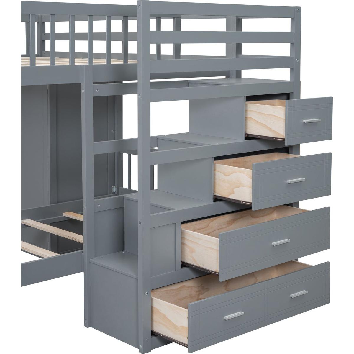 Full Over Twin Bunk Bed with Wardrobe, Drawers, Gray