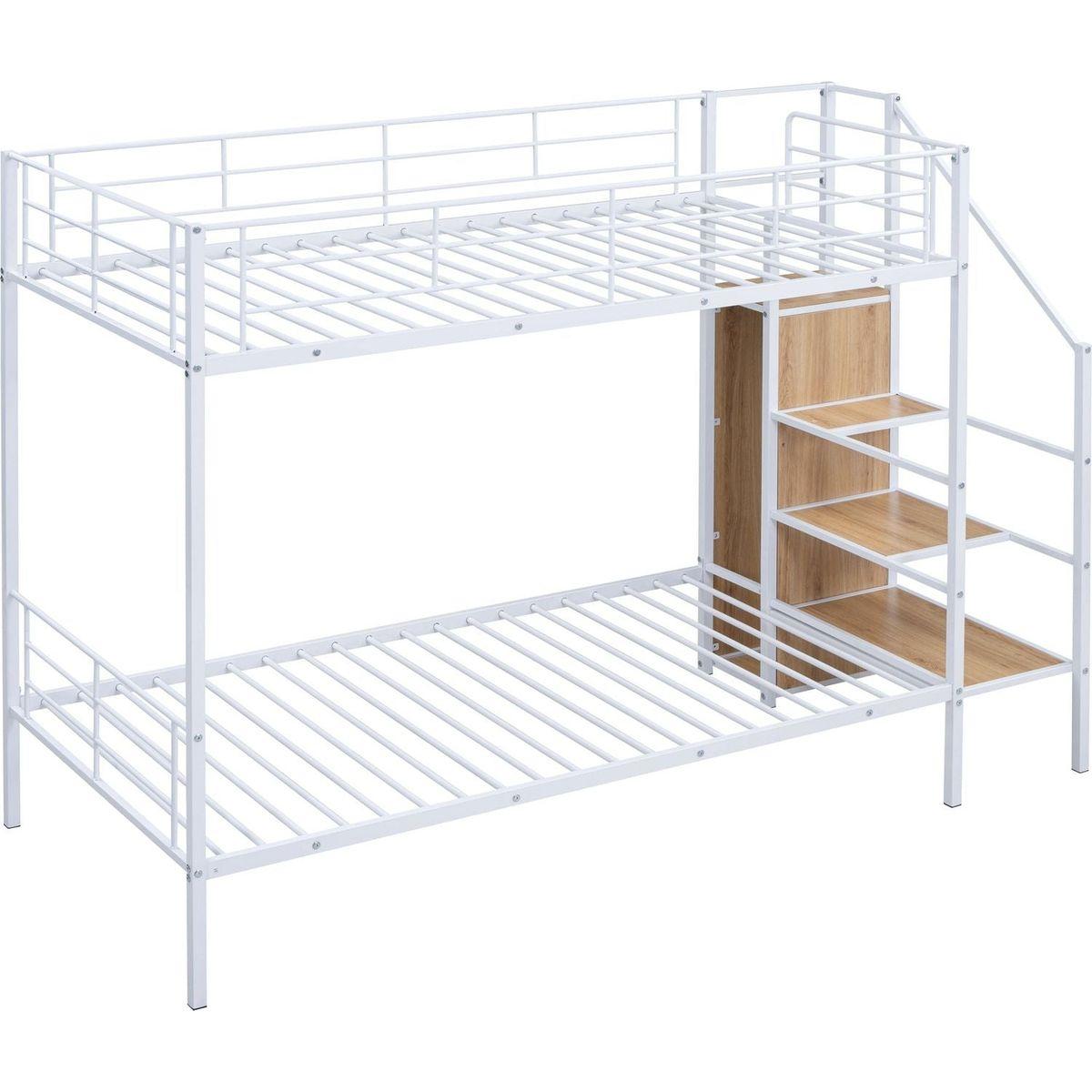 Twin Over Twin Metal Bunk Bed with Lateral Storage Ladder and Wardrobe, White