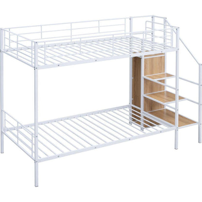 Twin Over Twin Metal Bunk Bed with Lateral Storage Ladder and Wardrobe, White