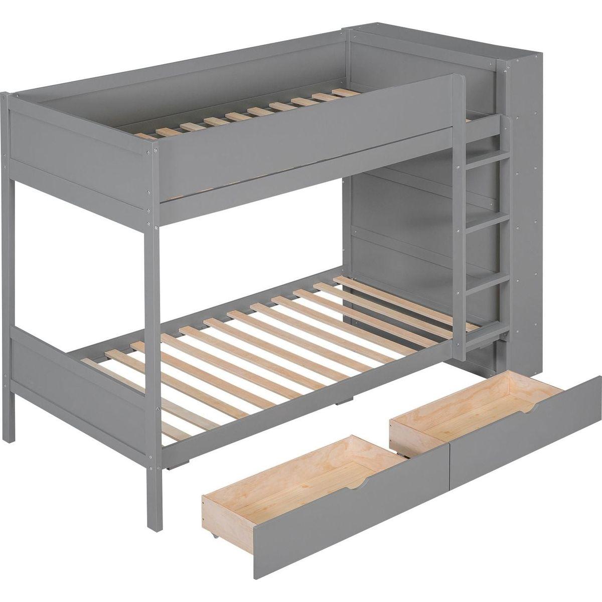 Twin over Twin Bunk Bed With 2 Drawers and Multi-layer Cabinet, Gray