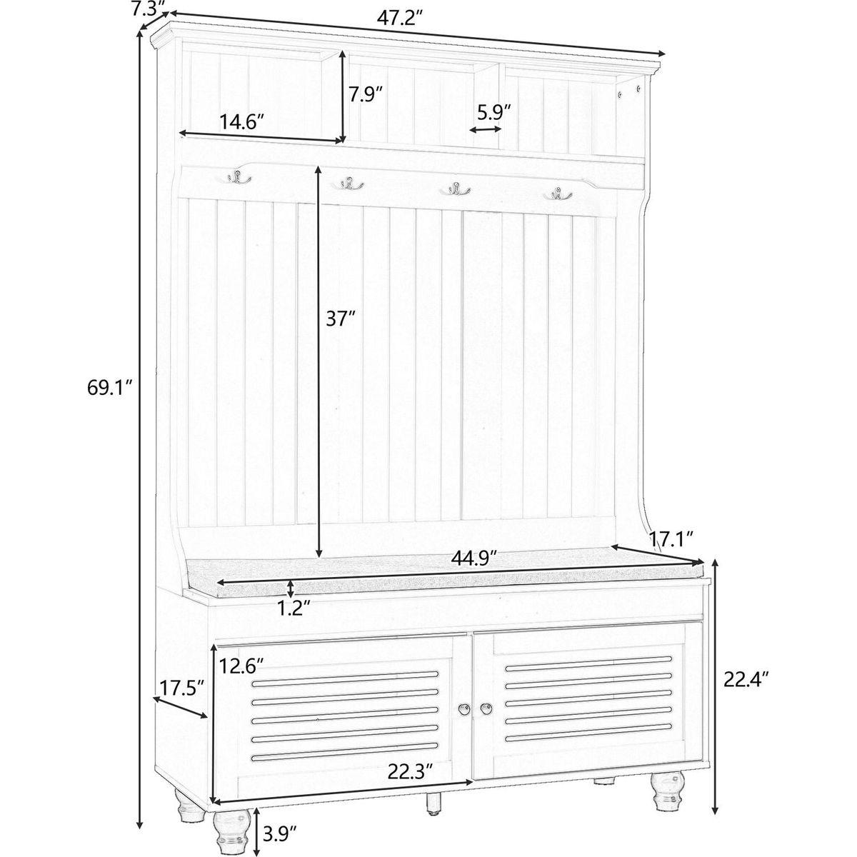 5-in-1 Entryway Bench with Shutter-shaped doors, Coat Rack, Cushion and 4 Sturdy Hooks, 47.2" Wide Hall Tree with Storage Bench for Hallway, Entryway, Living Room