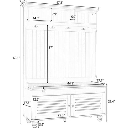 5-in-1 Entryway Bench with Shutter-shaped doors, Coat Rack, Cushion and 4 Sturdy Hooks, 47.2" Wide Hall Tree with Storage Bench for Hallway, Entryway, Living Room