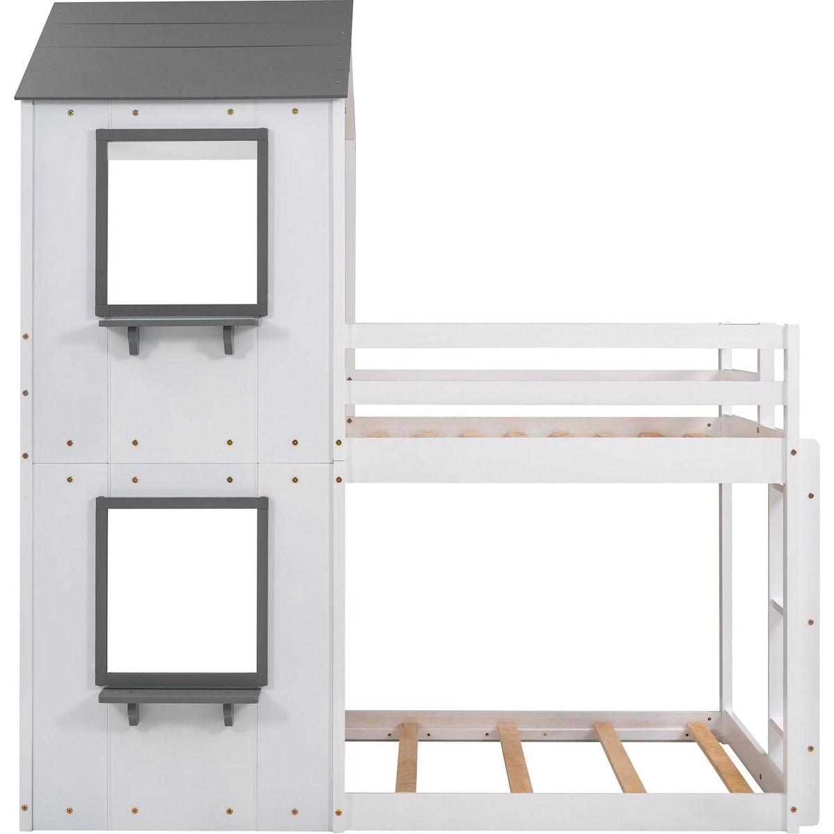Twin Over Twin Bunk Bed Wood Bed with Roof, Window, Guardrail, Ladder (White)