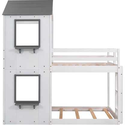Twin Over Twin Bunk Bed Wood Bed with Roof, Window, Guardrail, Ladder (White)