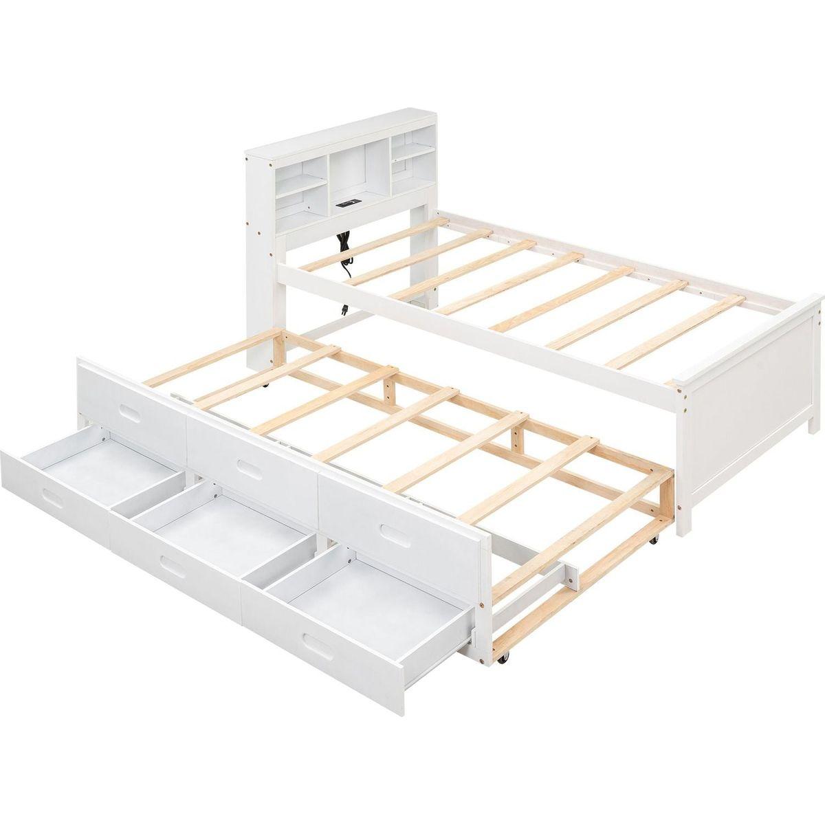 Twin Size Platform Bed with Storage Headboard, USB, Twin Size Trundle and 3 Drawers, White