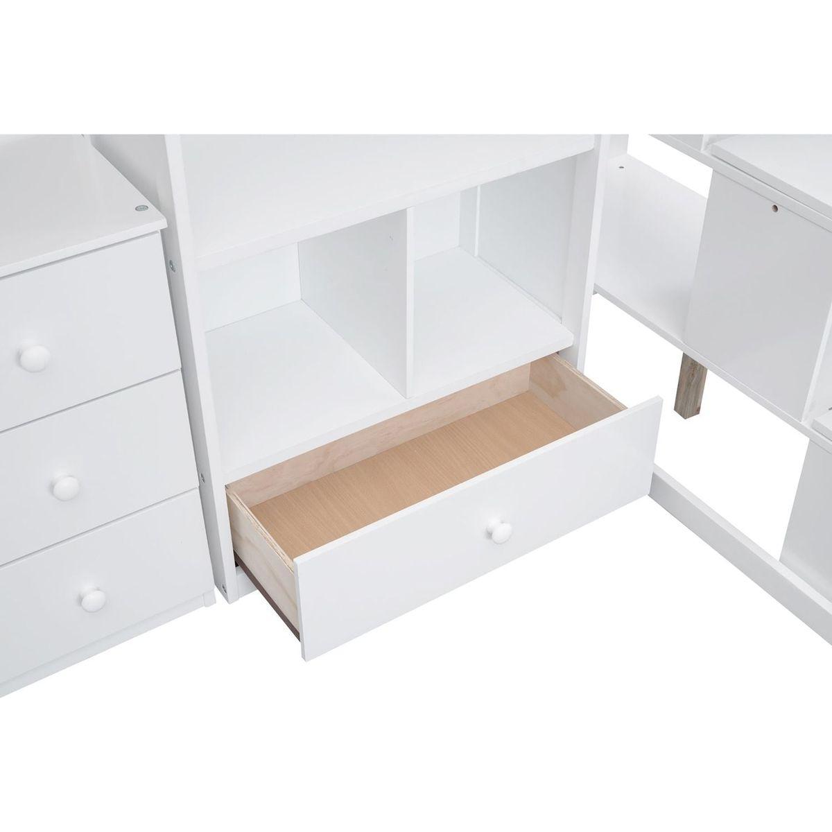 Twin Size Loft Bed with L-Shaped Desk and Drawers, Cabinet and Storage Staircase, White
