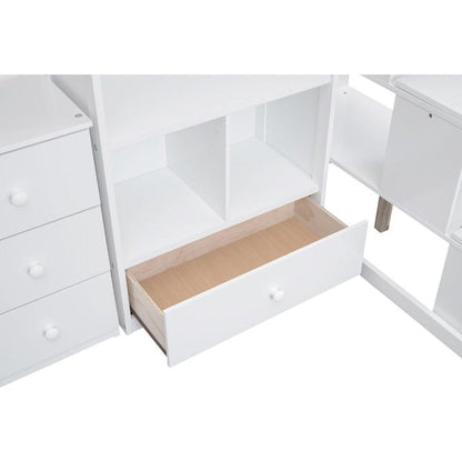 Twin Size Loft Bed with L-Shaped Desk and Drawers, Cabinet and Storage Staircase, White