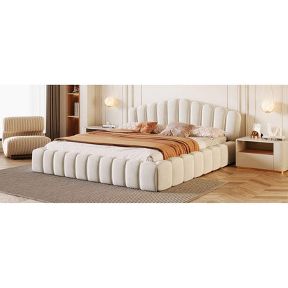 Velvet Upholstered Queen BED Frame Shell-Shaped Headboard for Bedroom,No Box Spring Needed,Beige
