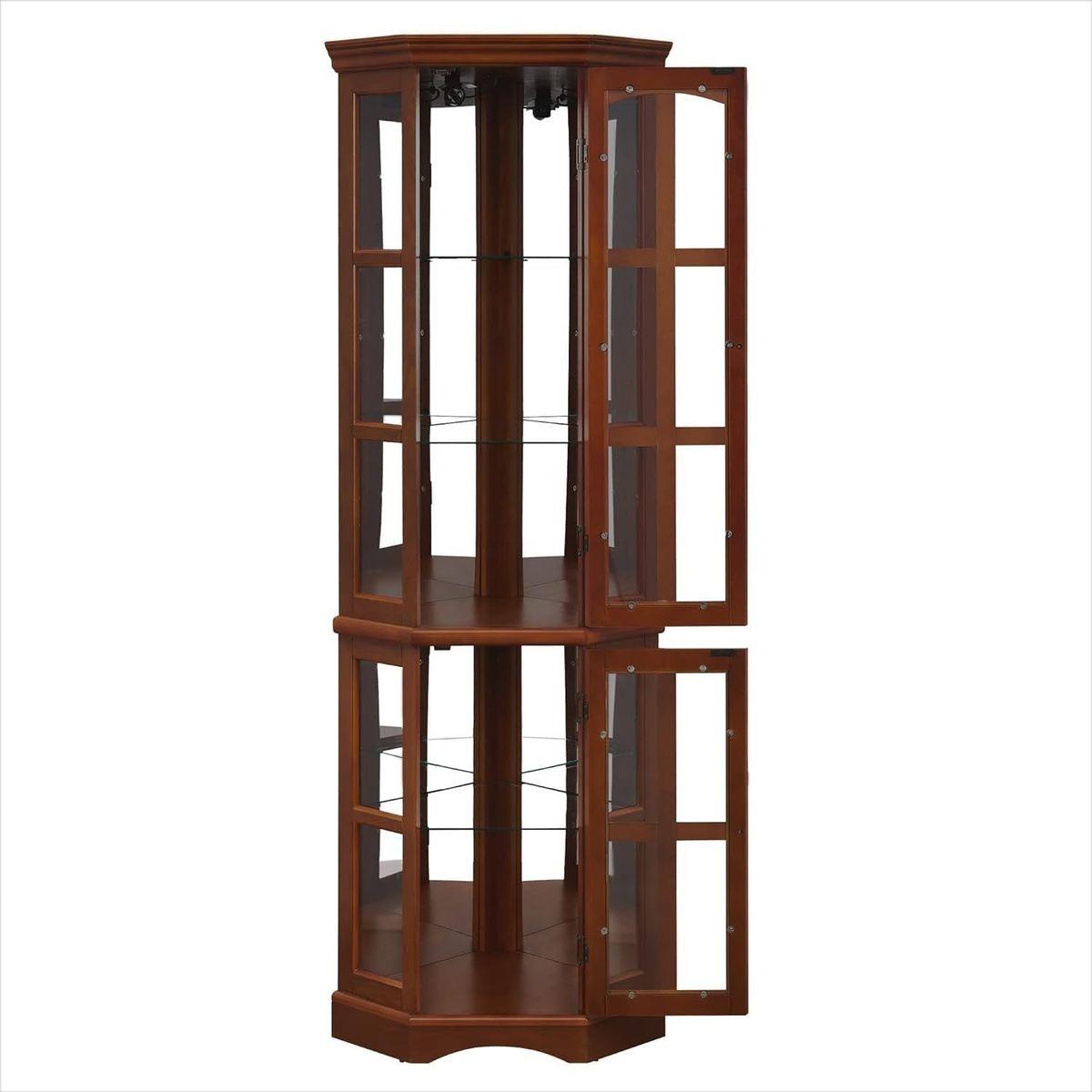 Corner Curio Cabinet with 5 Shelves and Lighting System, Walnut