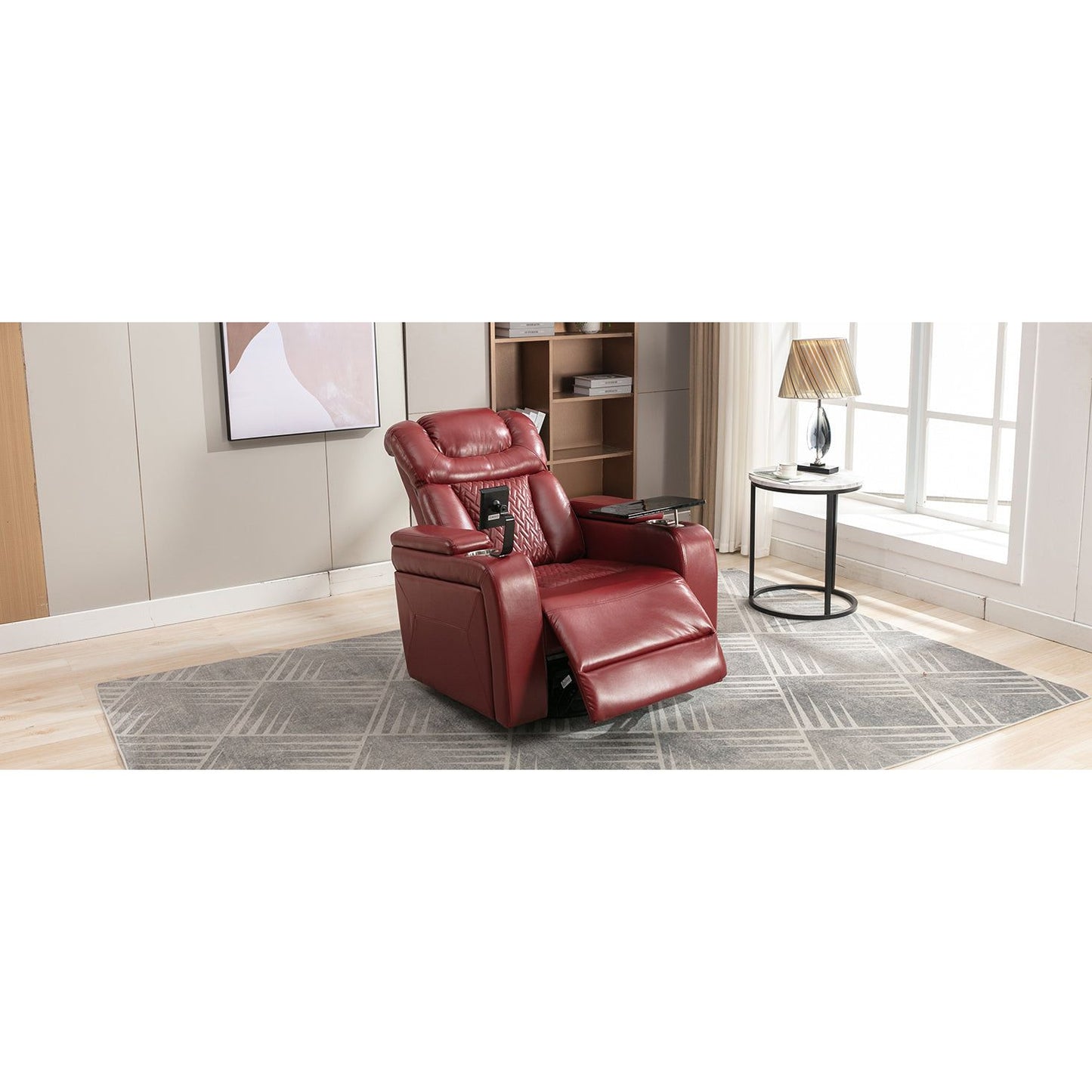 270 Degree Swivel PU Leather Power Recliner Individual Seat Home Theater Recliner with Comforable Backrest, Tray Table, Phone Holder, Cup Holder, USB Port, Hidden Arm Storage for Living Room, Red