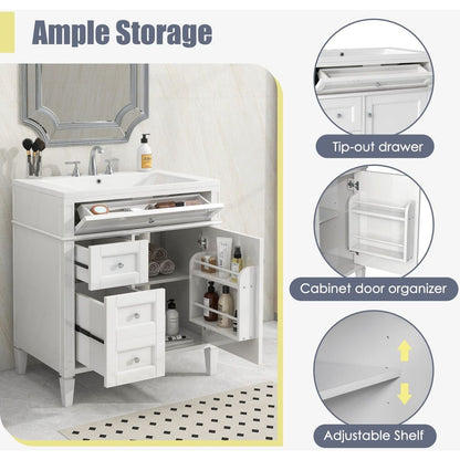 30" Bathroom Vanity with Top Sink, Modern Bathroom Storage Cabinet with 2 Drawers and a Tip-out Drawer, Single Sink Bathroom Vanity