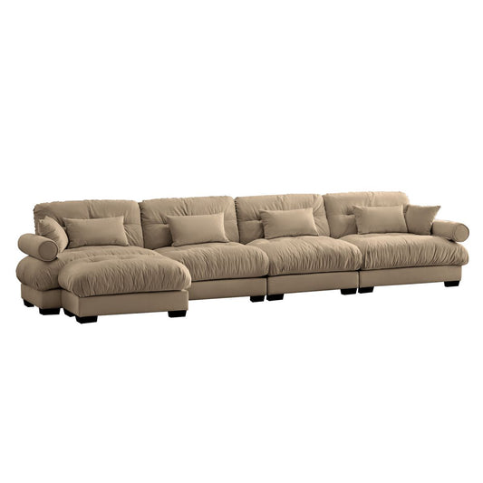 Modern Velvet L Shaped Sectional Cloud Sofa, Convertible 4 Seater Couch with Waist Pillows, Camel