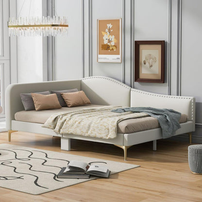 Full Size Upholstered Daybed with Headboard and Armrest, Support Legs, Beige