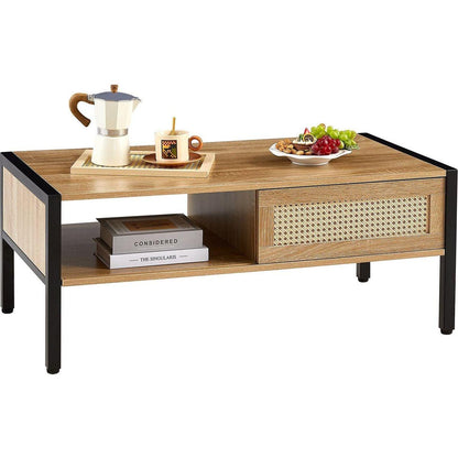 40.16" Rattan Coffee table, sliding door for storage, metal legs, Modern table for living room, natural