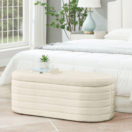 Modern Oval Storage Ottoman Bench, Upholstered Boucle Teddy Fabric End of Bed Bench with Storage, End of Bed Stool with Safety Hinge for Bedroom, Living Room, Entryway, Cream