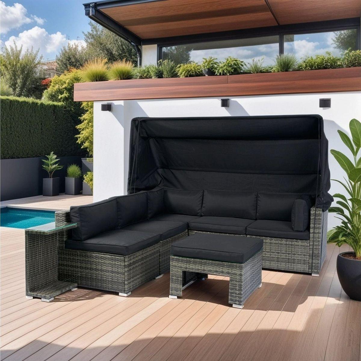 7-Piece Patio Furniture Set w/Retractable Canopy Wicker Rattan Sectional Sofa Set Patio Furniture with Washable Cushions for Lawn, Garden, Backyard, Poolside Grey wicker + Black Cushion