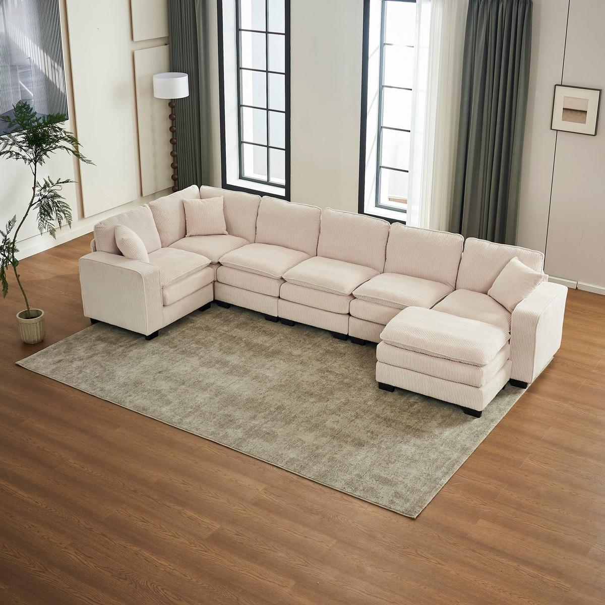 Modern U Shaped 6-seat Sectional Sofa Couch with one Ottoman and three toss pillows, Modular Sofa for Living Room,Corduroy sofa