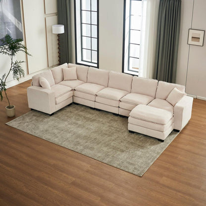 Modern U Shaped 6-seat Sectional Sofa Couch with one Ottoman and three toss pillows, Modular Sofa for Living Room,Corduroy sofa