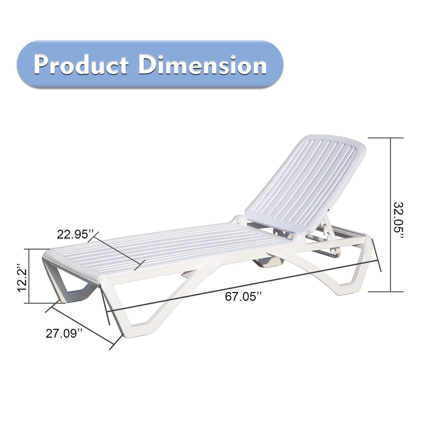 Outdoor Chaise Lounge, Pool Lounge Chair Plastic Adjustable Recliner in-Pool Lounger Tanning Lounge Chair for in-Pool, Beach, Poolside, Lawn, White