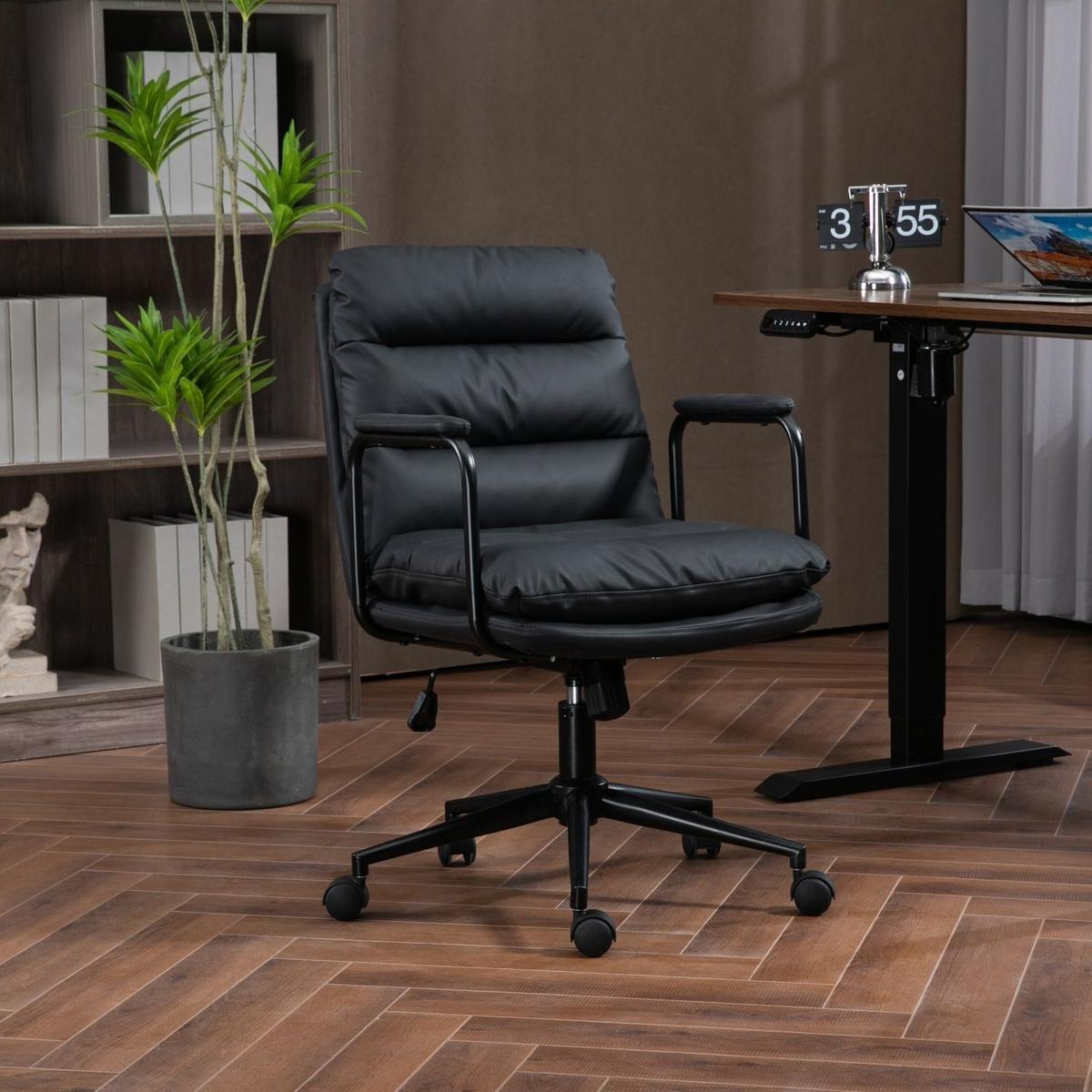 Office Chair,Mid Back Home Office Desk Task Chair with Wheels and Arms Ergonomic PU Leather Computer Rolling Swivel Chair with Padded Armrest,The back of the chair can recline 40 (Black)