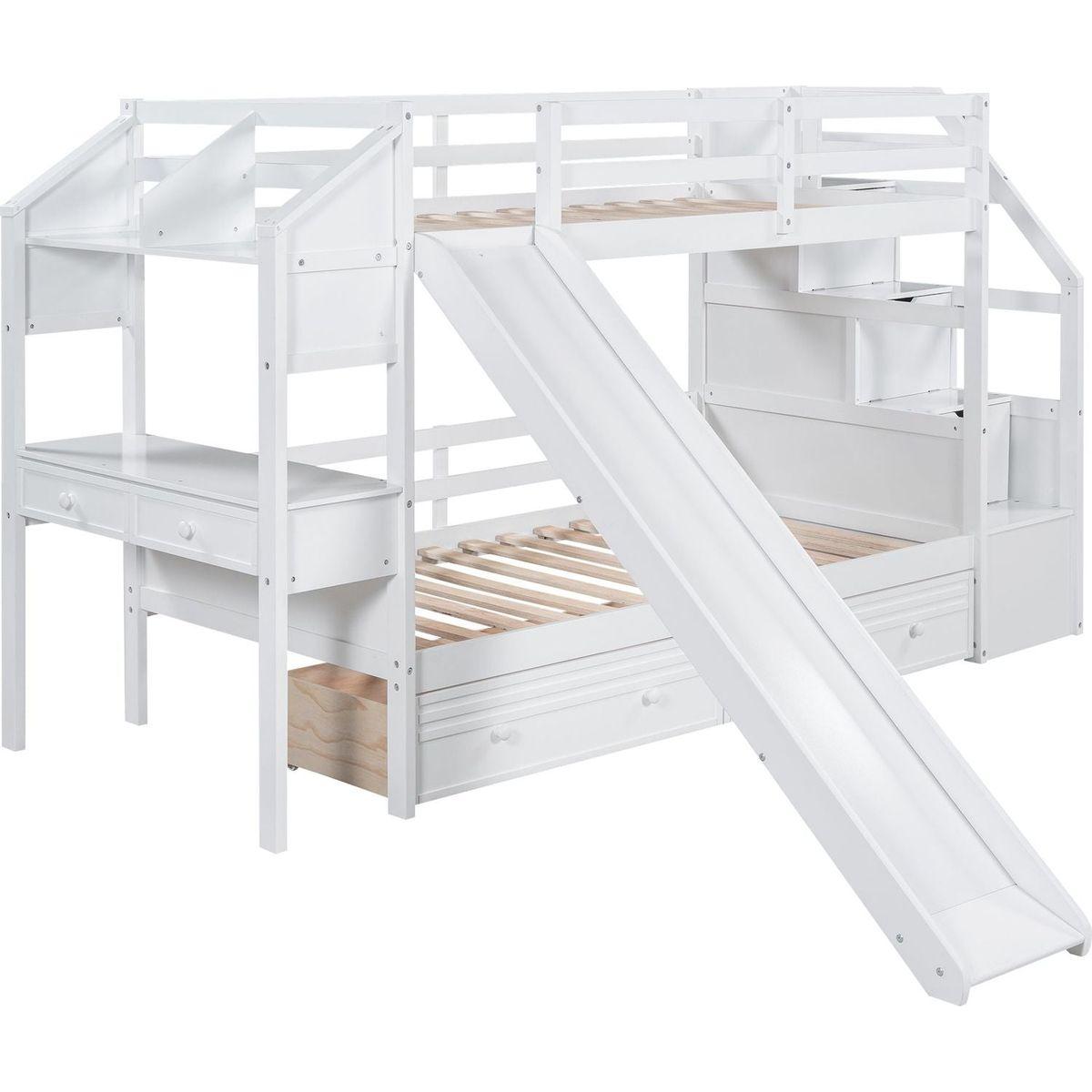Twin over Twin Bunk Bed with Storage Staircase, Slide and Drawers, Desk with Drawers and Shelves, White