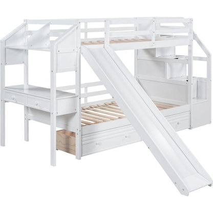 Twin over Twin Bunk Bed with Storage Staircase, Slide and Drawers, Desk with Drawers and Shelves, White