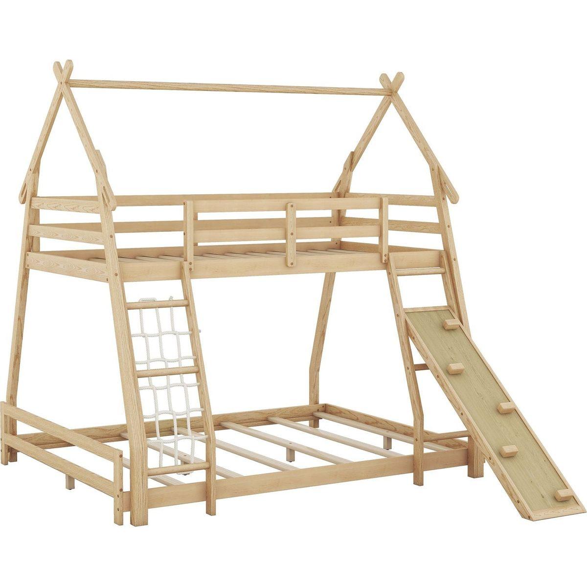Twin over Queen House Bunk Bed with Climbing Nets and Climbing Ramp, Natural