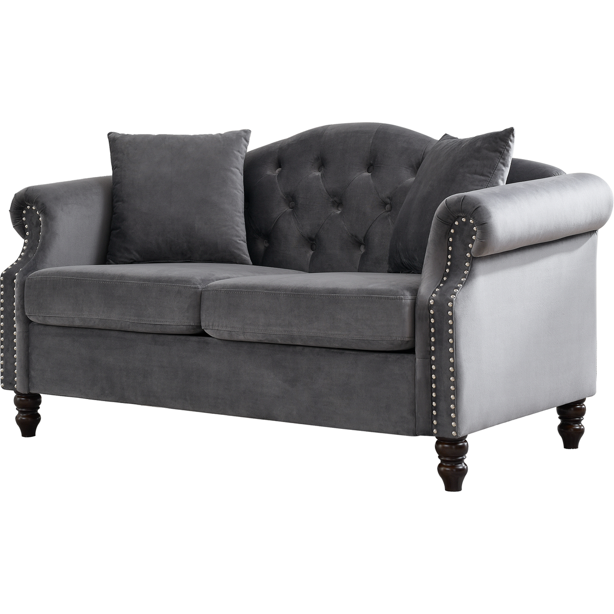 57" Chesterfield Sofa Grey Velvet for Living Room, 2 Seater Sofa Tufted Couch with Rolled Arms and Nailhead for Living Room, Bedroom, Office, Apartment, two pillows