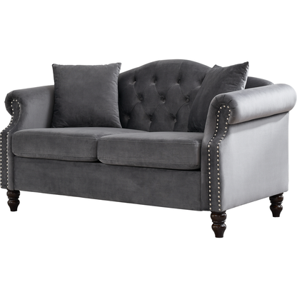 57" Chesterfield Sofa Grey Velvet for Living Room, 2 Seater Sofa Tufted Couch with Rolled Arms and Nailhead for Living Room, Bedroom, Office, Apartment, two pillows