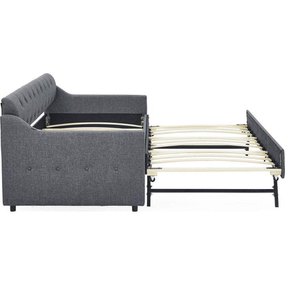 Twin Size Upholstery Daybed with Trundle Bed and Two Storage Drawers, Flat Arms with Pocket, Extendable Daybed for Bedroom Living Room,Linen Dark Gray