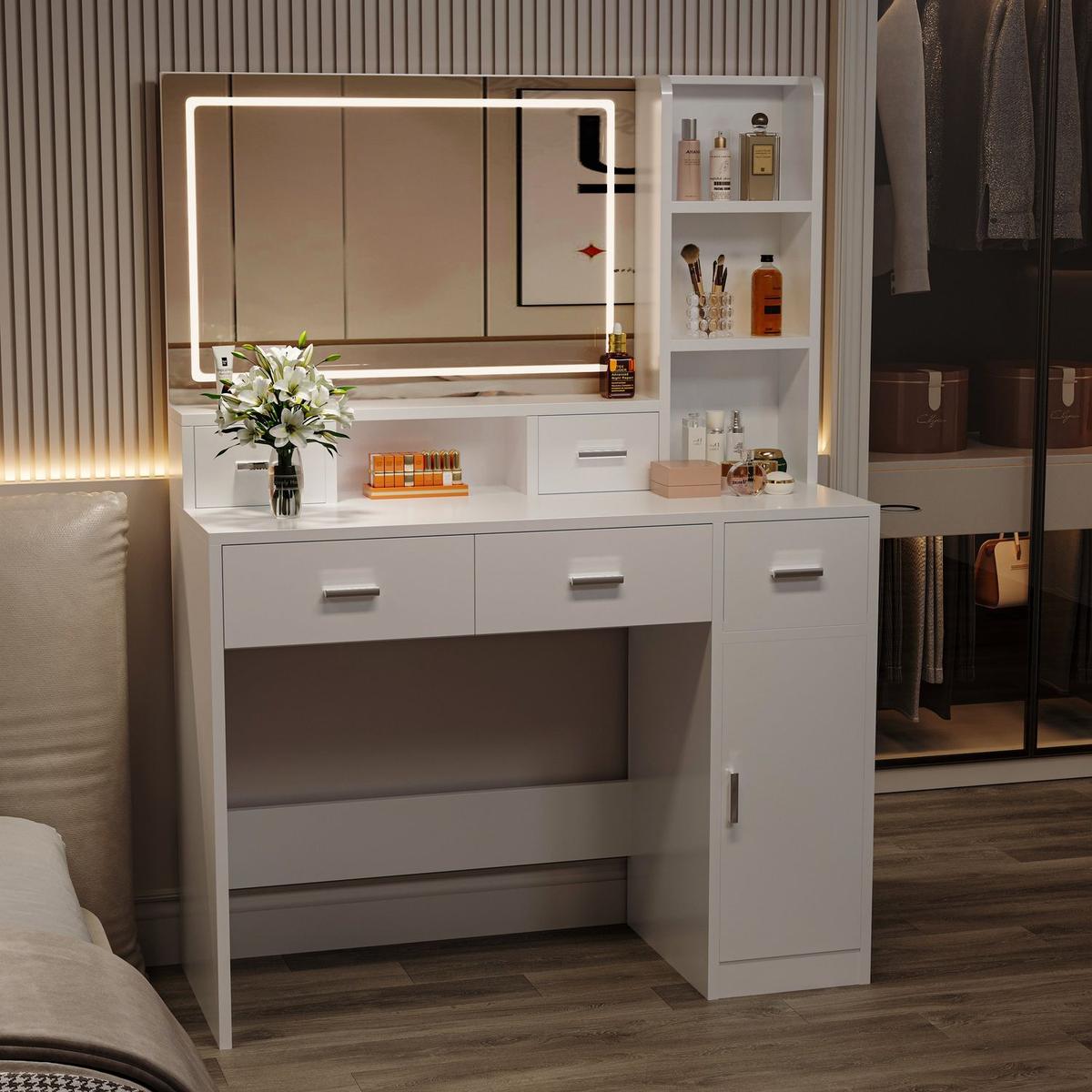 Newly designed smart mirror dressing table with drawers and storage cabinet, dressing table with dressing pad for bedroom, dressing room