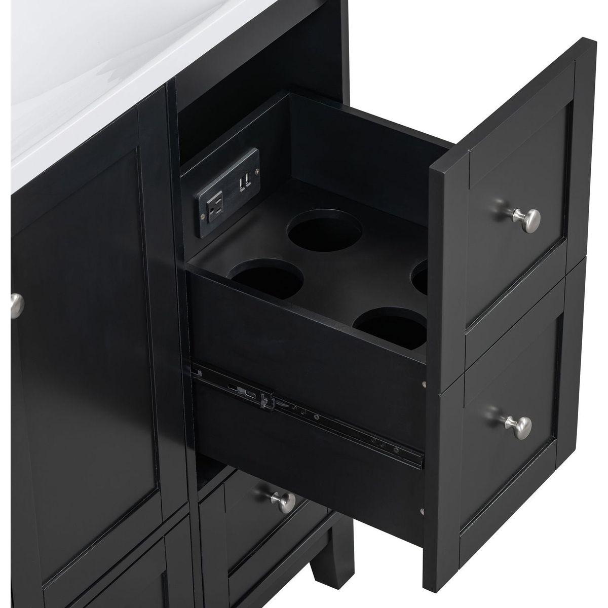 36 Inch Modern Bathroom Vanity with USB Charging, Two Doors and Three Drawers Bathroom Storage Vanity Cabinet, Small Bathroom Vanity cabinet with single sink, Black - Faucets Not Included