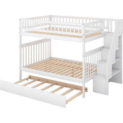 Full over Full Bunk Bed with Trundle and Staircase,White