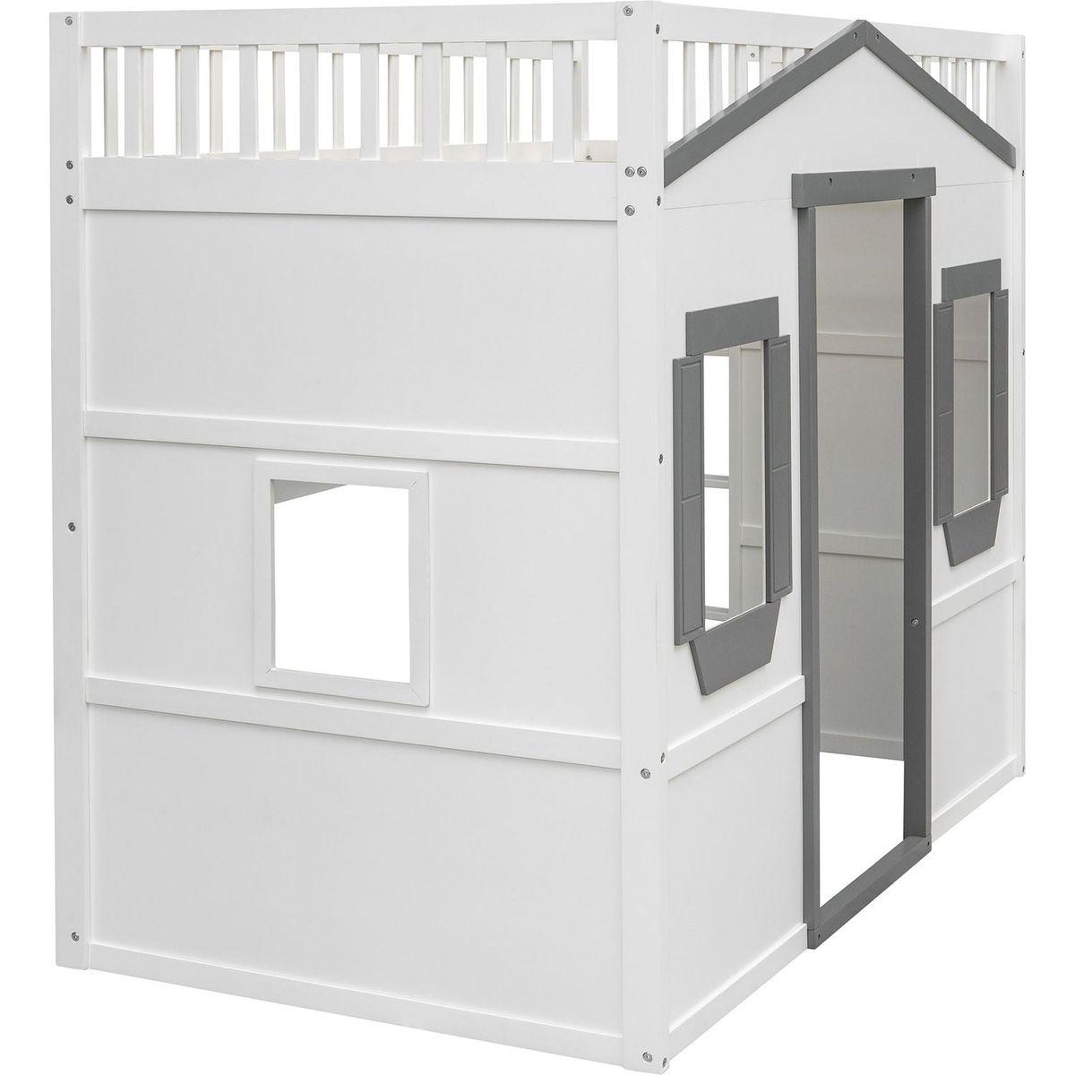Twin Size House Loft Bed With Ladder-White+Gray Frame